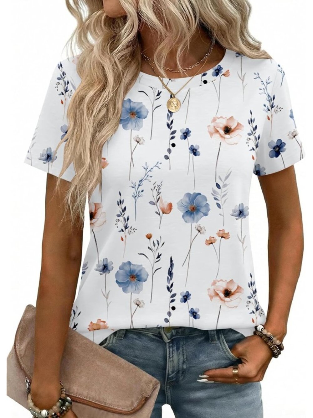 Women's Floral White Short Sleeve Crew Neck Casual Basic Imported Tee Shirts